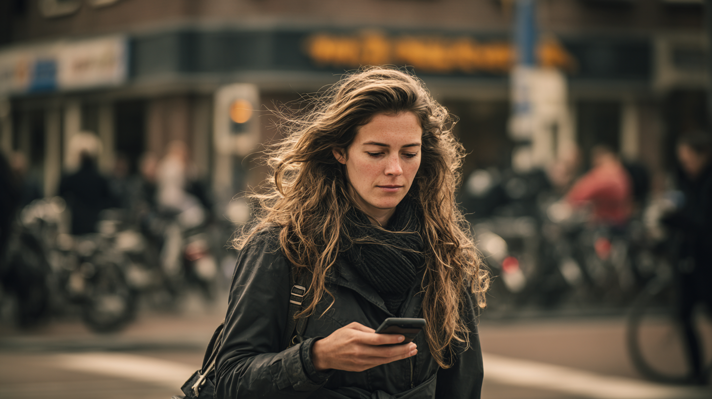 Vrouw op straat kijkt naar haar smartphone, met een drukke stedelijke achtergrond op de achtergrond.