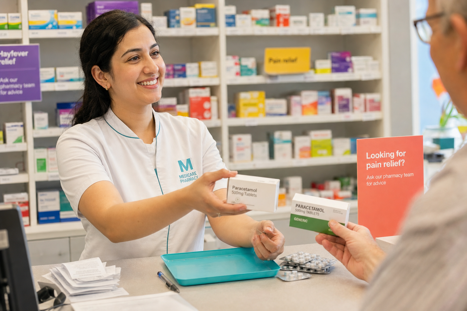 Apotheker overhandigt een doos paracetamol aan een klant bij de balie in de apotheek.