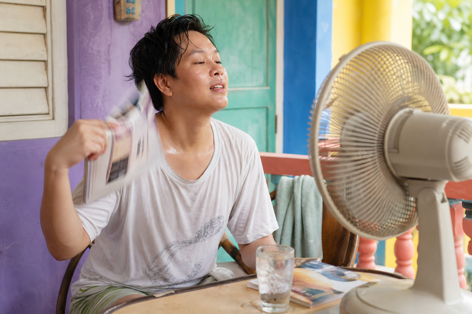 Persoon in wit T-shirt waaiert zichzelf koelte toe tegenover een ventilator op een kleurrijke veranda.