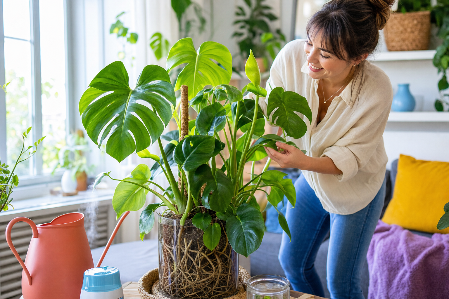Vrouw verzorgt een grote monstera kamerplant in een lichte woonkamer bij het raam.