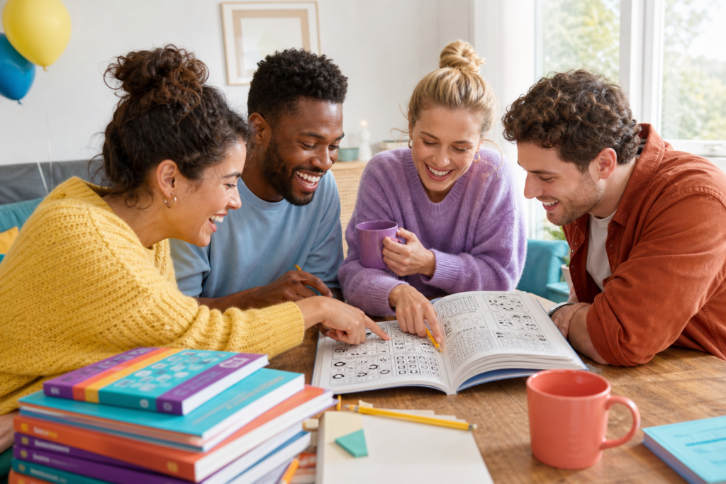Vier vrienden lachen samen aan tafel terwijl ze in een puzzel- of activiteitenboek kijken.