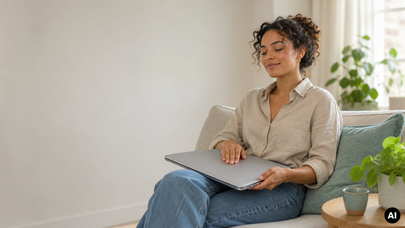 Vrouw zit ontspannen op een bank met haar ogen dicht en een gesloten laptop op schoot.