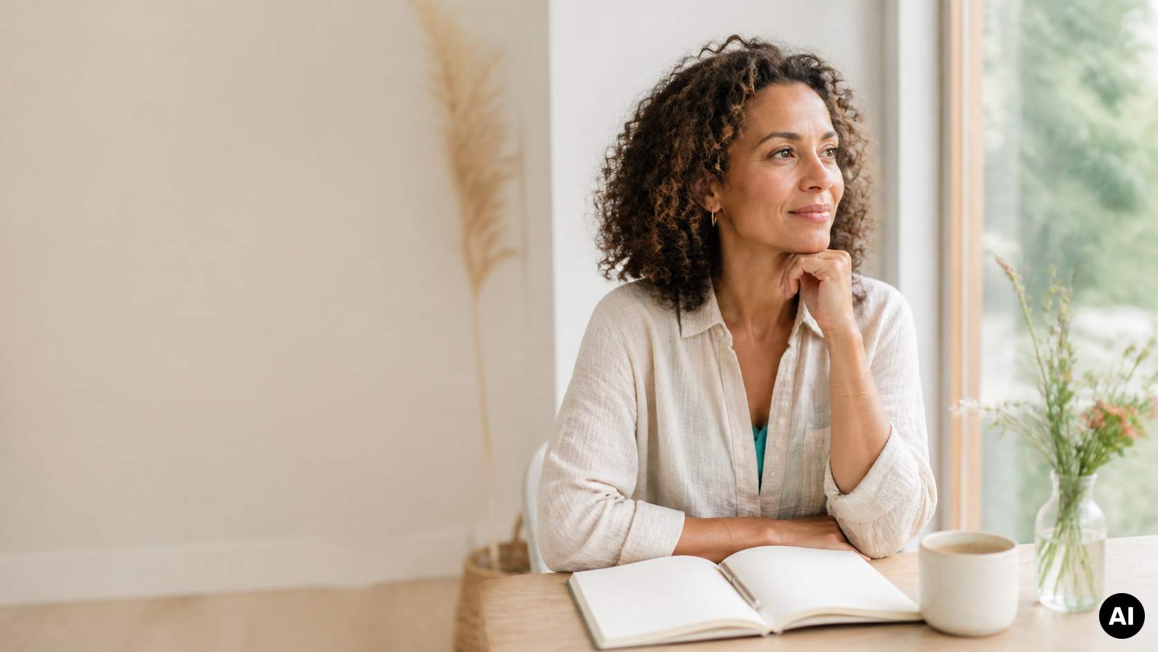 Vrouw zit met een open notitieboek en een kop koffie aan tafel bij een raam en kijkt peinzend naar buiten.