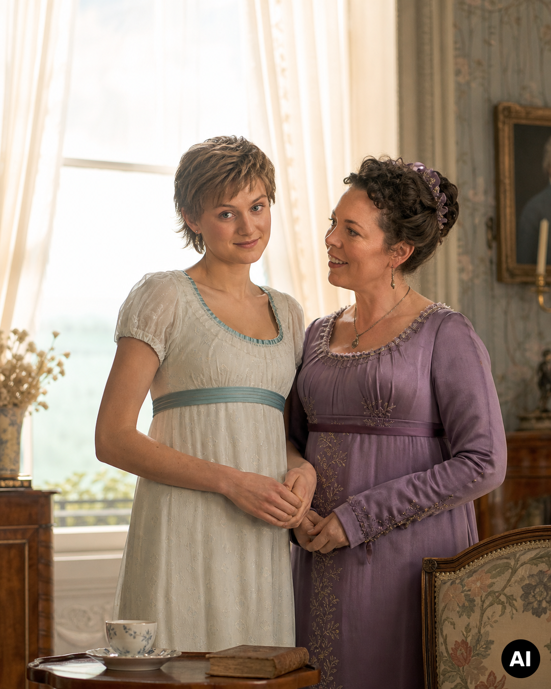 Twee vrouwen in regencykleding staan hand in hand in een klassieke salon bij een groot raam.